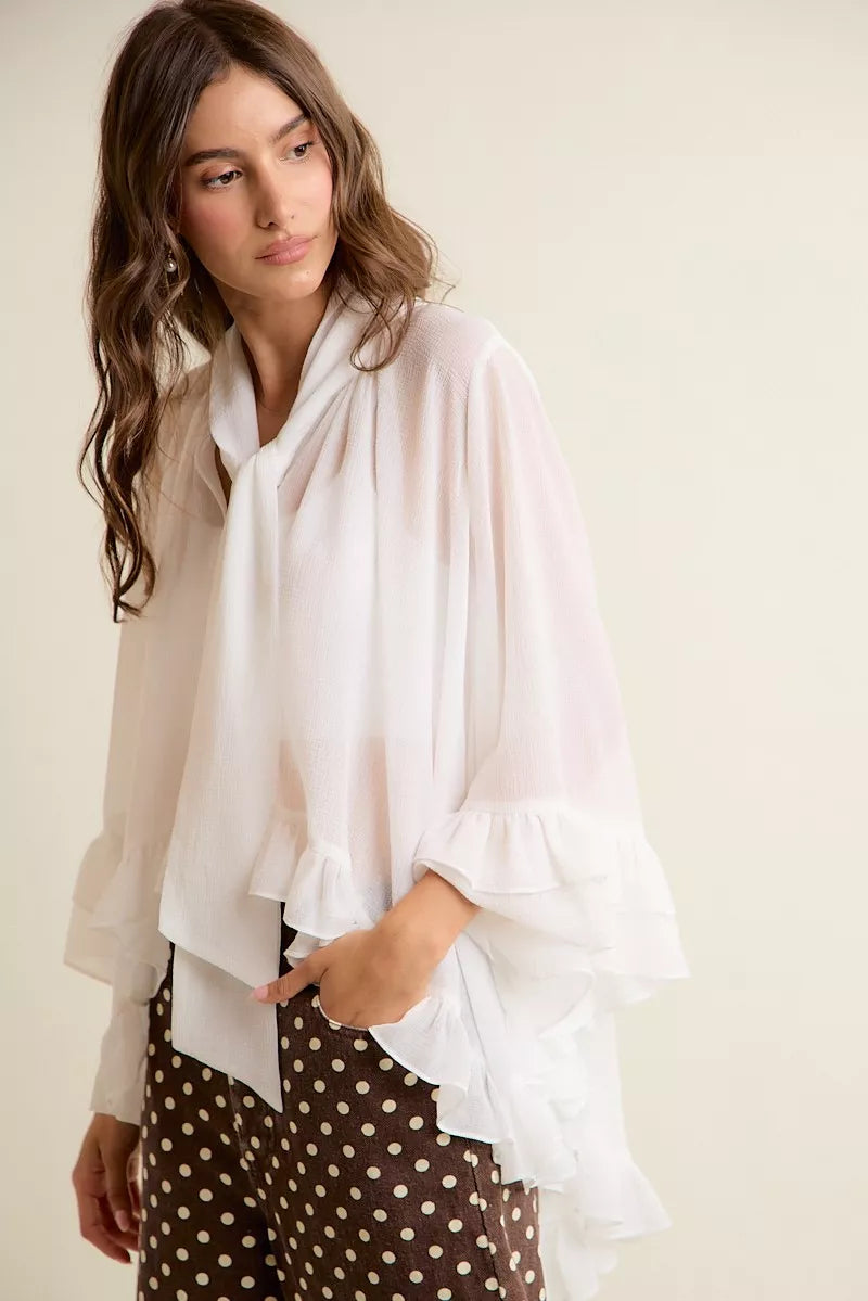 SO ME Sheer Ruffle Bell Sleeves Bow Tie Flowy Blouse Top on Simply Obsessed