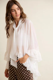 SO ME Sheer Ruffle Bell Sleeves Bow Tie Flowy Blouse Top on Simply Obsessed