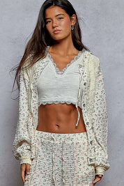 POL Floral Balloon Sleeve Hooded Lace Jacket with Stitch Detail on Simply Obsessed