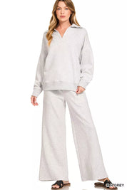 ZENANA Scuba Collared Pullover and Pants Set on Simply Obsessed