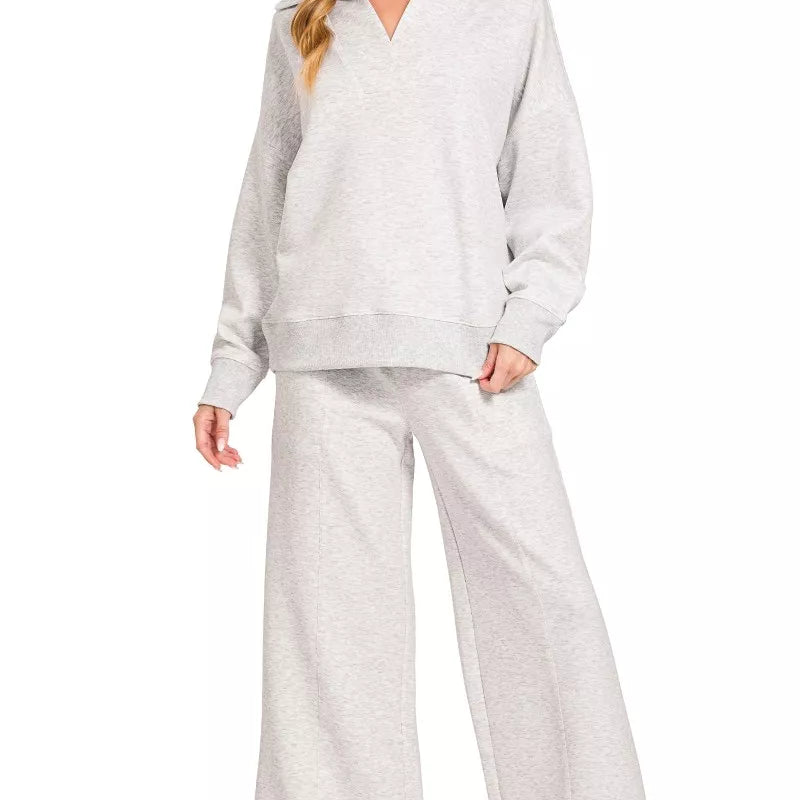 ZENANA Scuba Collared Pullover and Pants Set on Simply Obsessed