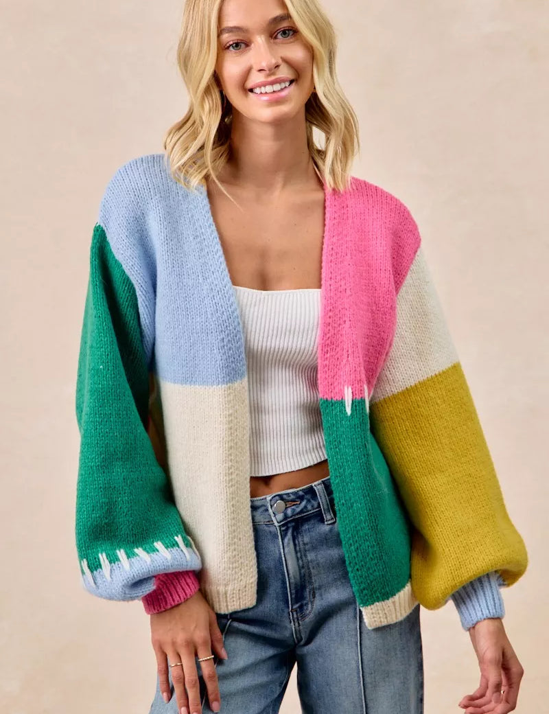 BIBI Color Block Open Front Sweater Cardigan on Simply Obsessed