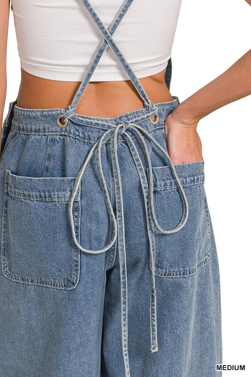 ZENANA Denim Medium Washed Wide Leg Overalls on Simply Obsessed