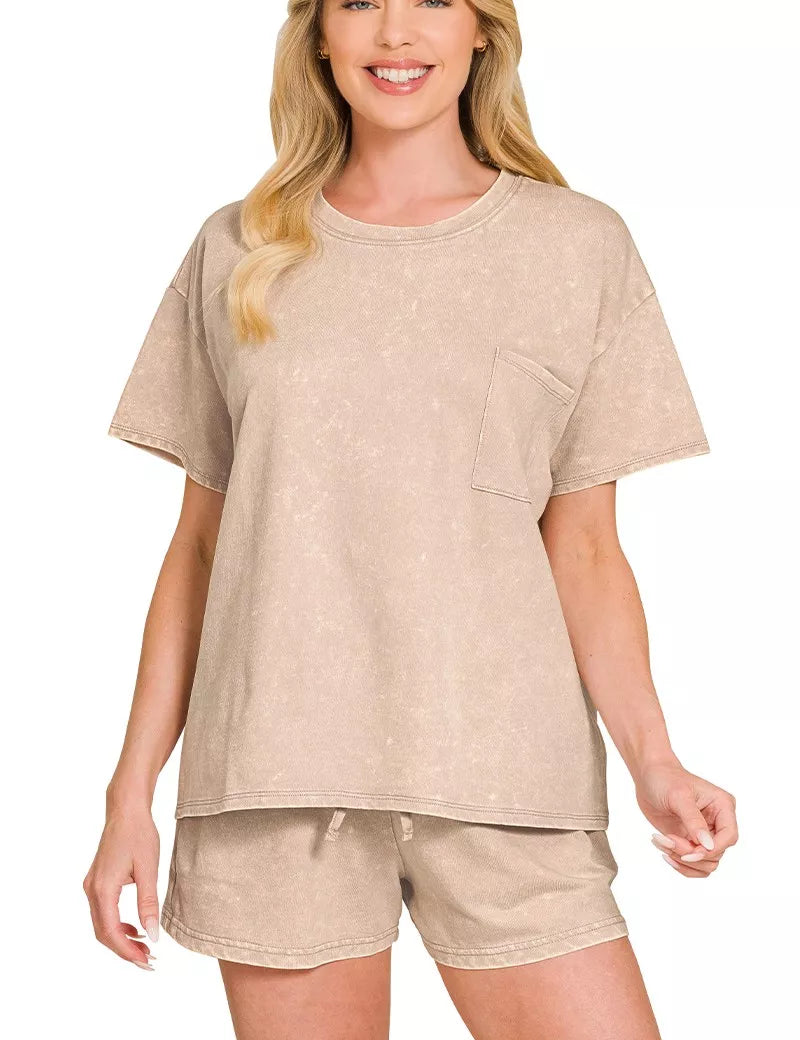ZENANA French Terry Acid Washed Relaxed Top & Short Set on Simply Obsessed