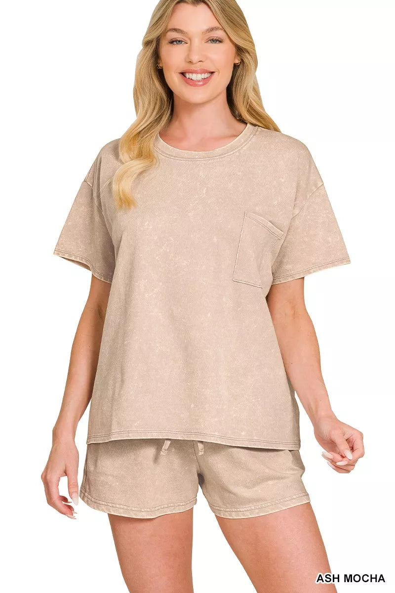 ZENANA French Terry Acid Washed Relaxed Top &amp; Short Set on Simply Obsessed