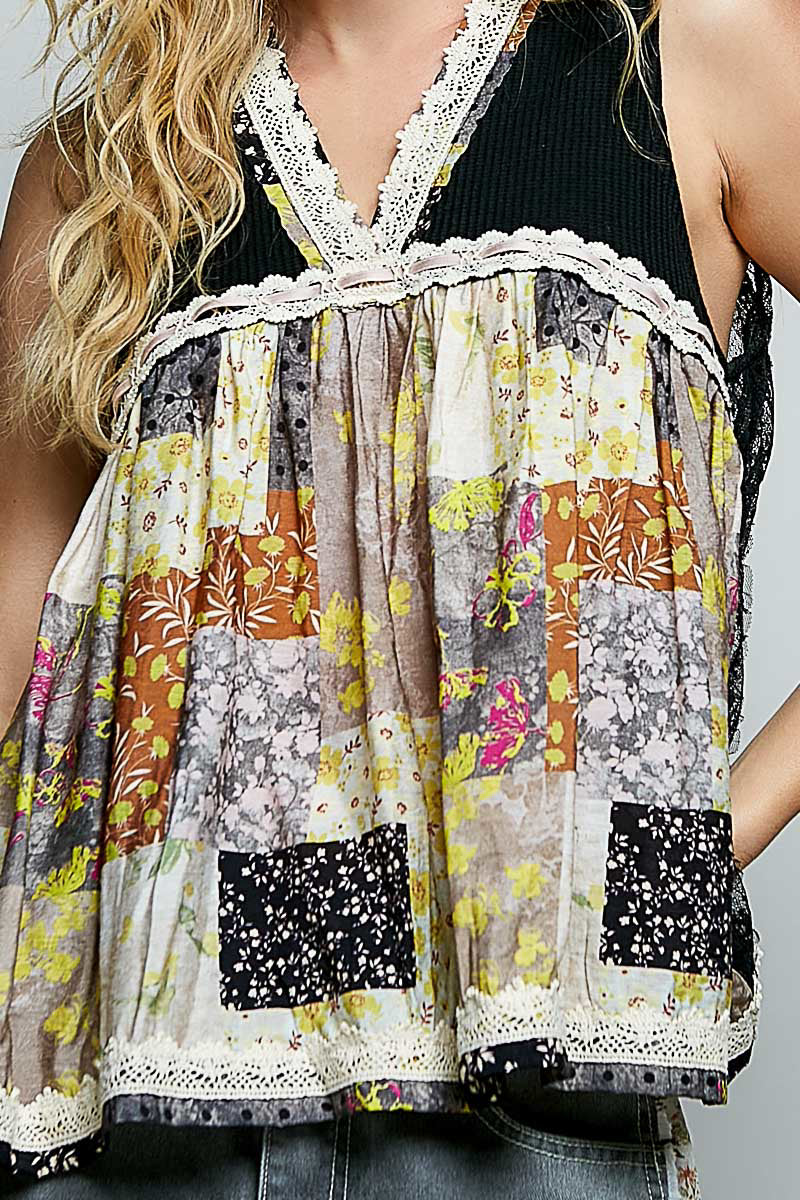 POL Floral V-Neck Sheer Tank with Lace Trim on Simply Obsessed