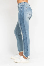 JUDY BLUE Full Size Vintage Wash Side Panel Detail with Fray Hem Slim Plus Size on Simply Obsessed