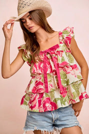 BiBi Floral Print Woven Bow Tie Ruffle Square Neck Top on Simply Obsessed