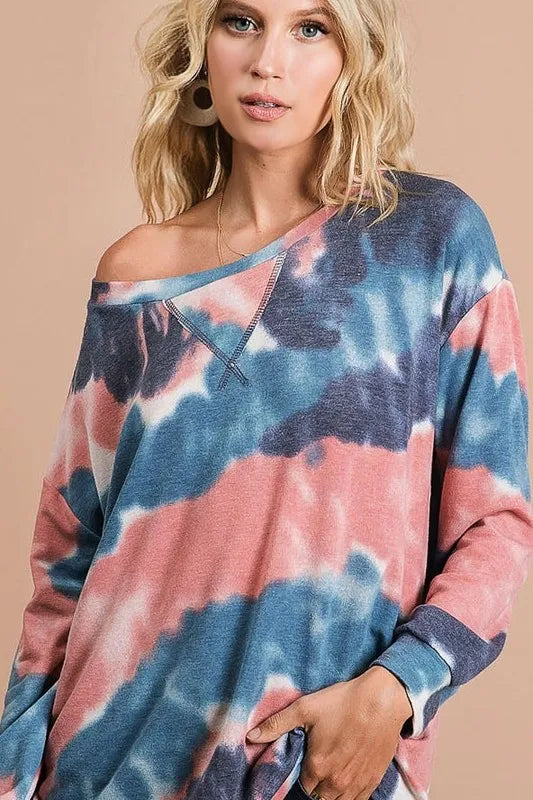 BiBi Tie Dye French Terry Pull Over with Front Stitching Detail on Simply Obsessed