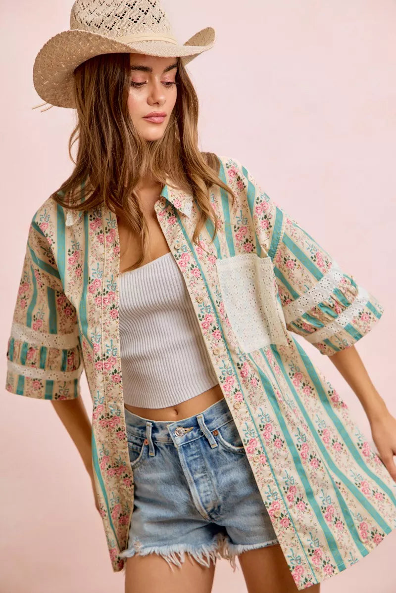 BIBI Eyelet Lace And Floral Mix And Match Shirt Top on Simply Obsessed