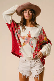 BIBI Floral Print Mixed Star Patch Round Neck Sweatshirt on Simply Obsessed