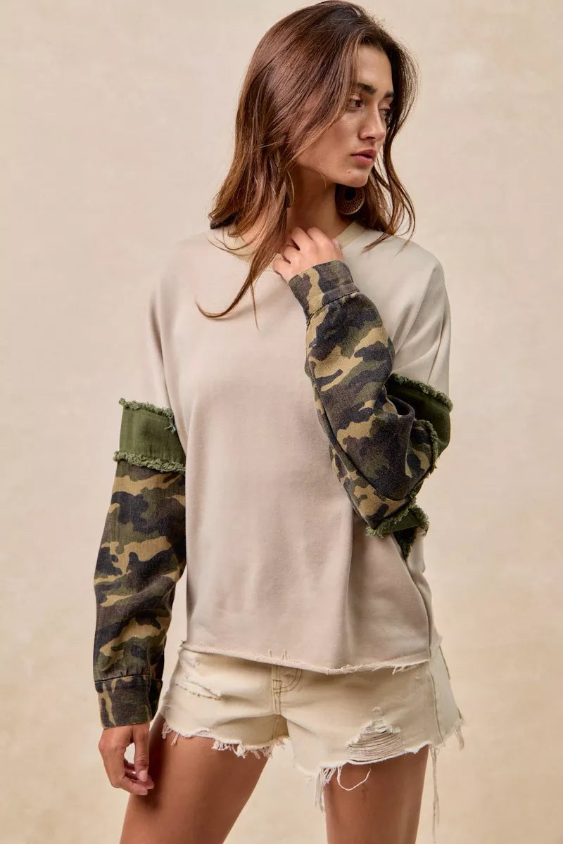 BiBi Camo Sleeve French Terry Top with Frayed Edge on Simply Obsessed