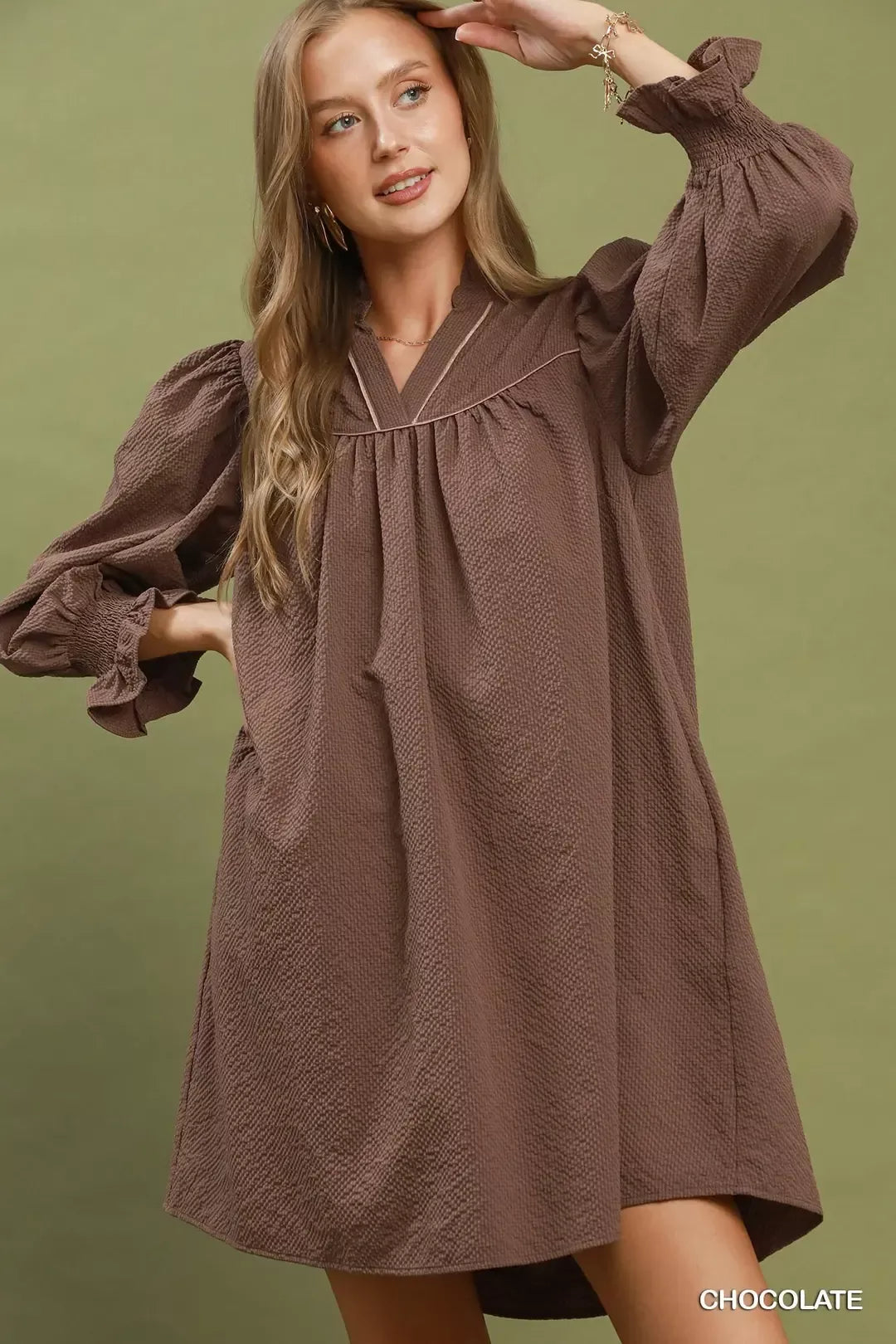 UMGEE Textured Puff Sleeve Mini Dress **DOORBUSTER** CHOCOLATE / S