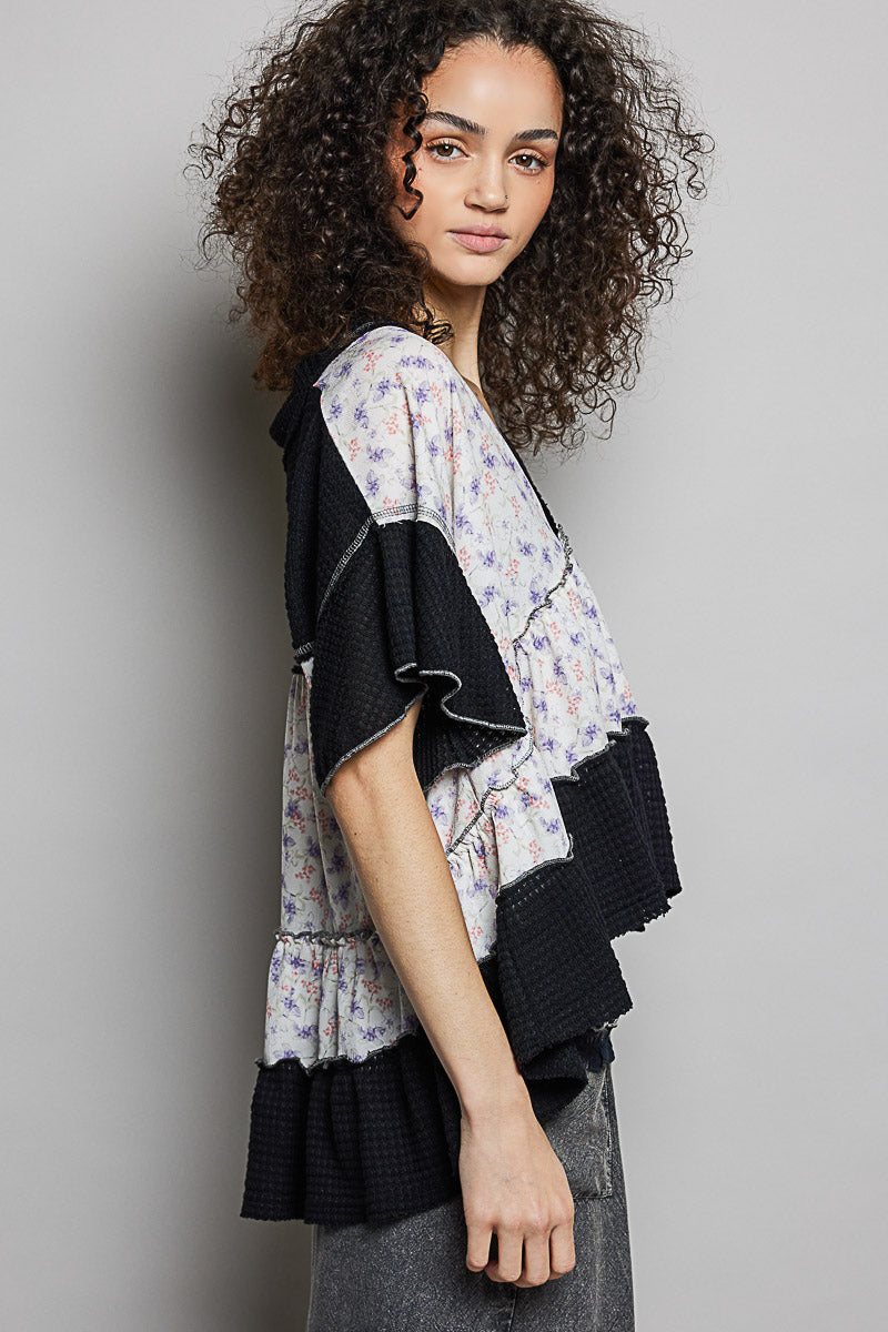 POL Floral Print V-Neck Woven Blouse with Gentle Gathers on Simply Obsessed