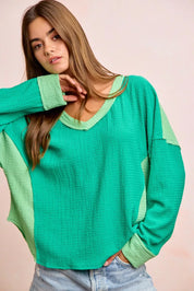 BIBI Textured Jersey Color Block Top With Cut Edge on Simply Obsessed