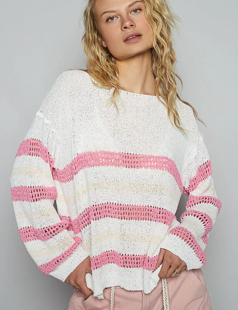 POL Striped Openwork Round Neck Knit Top on Simply Obsessed