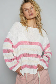 POL Striped Openwork Round Neck Knit Top on Simply Obsessed
