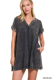 ZENANA Washed Double Gauze Raw Edge V-neck Dress on Simply Obsessed