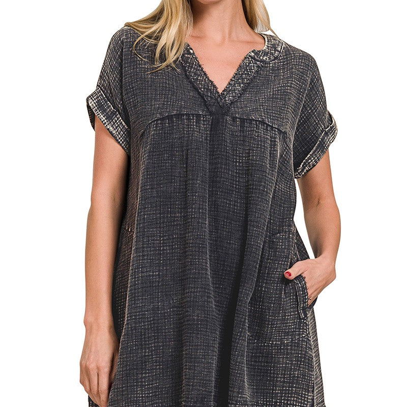 ZENANA Washed Double Gauze Raw Edge V-neck Dress on Simply Obsessed