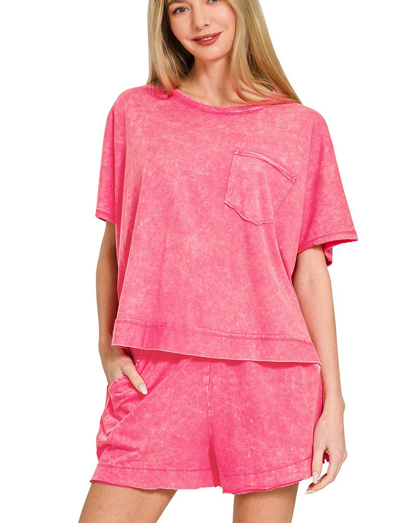 ZENANA Acid Washed Oversized Top & Shorts Set on Simply Obsessed