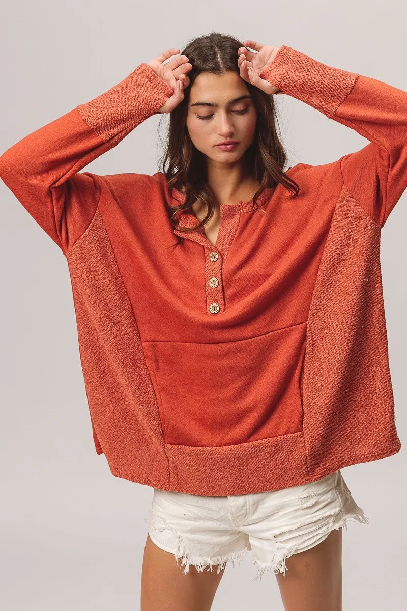 BiBi French Terry Knit Side Block Buttoned Henley Top on Simply Obsessed