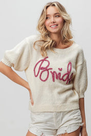BIBI Metallic Letter Short Puff Sleeve Hairy Sweater on Simply Obsessed