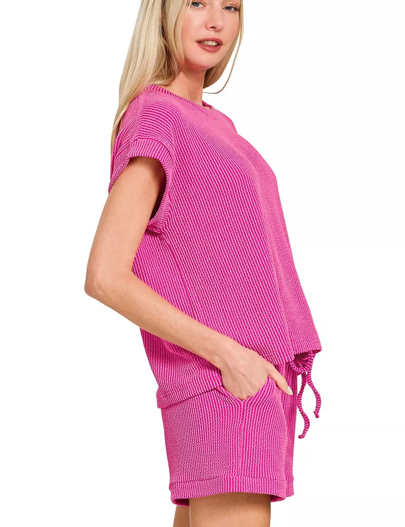 Zenana Raised Rib Cap Sleeve Top & Shorts Set on Simply Obsessed