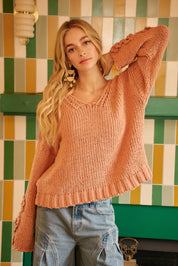 BiBi Chunky Knit Sweater with Flower Detail Sleeves on Simply Obsessed