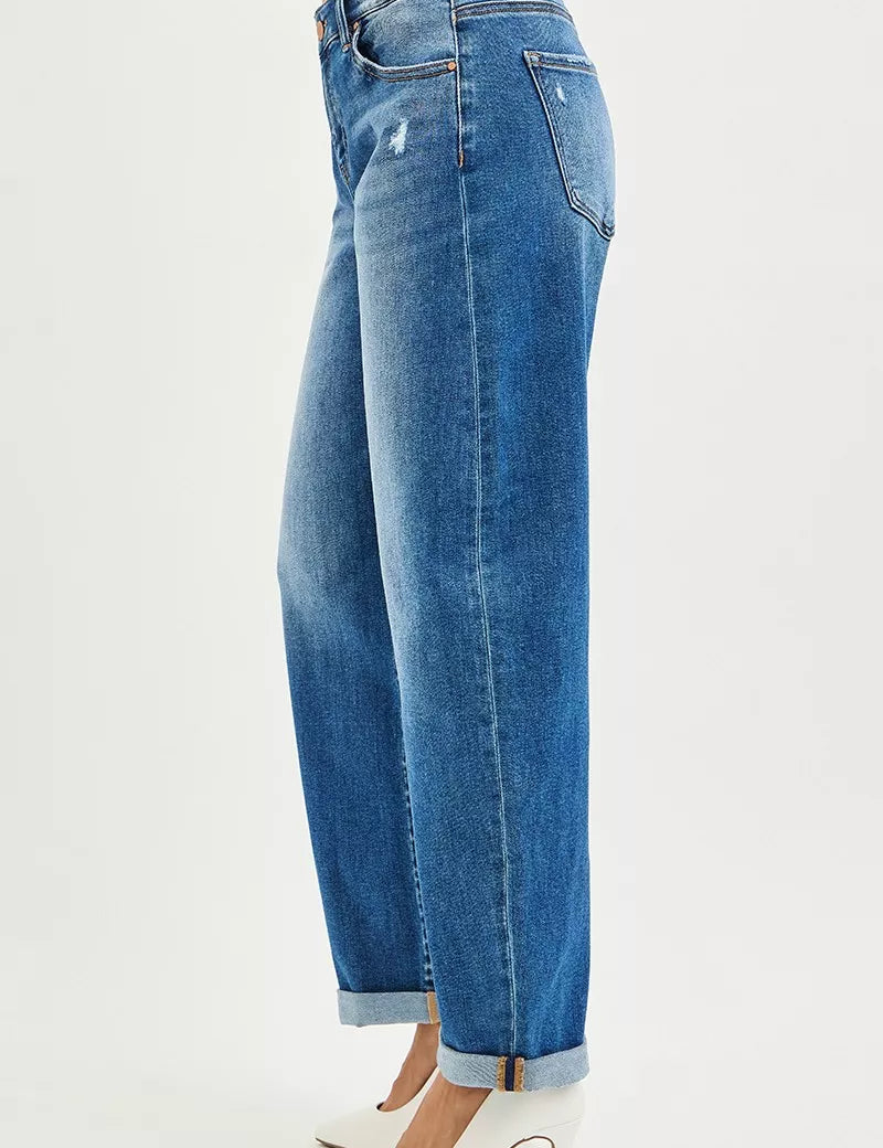 RISEN Full Size Mid Rise Barrel Double Roll Up Jeans Plus Size on Simply Obsessed