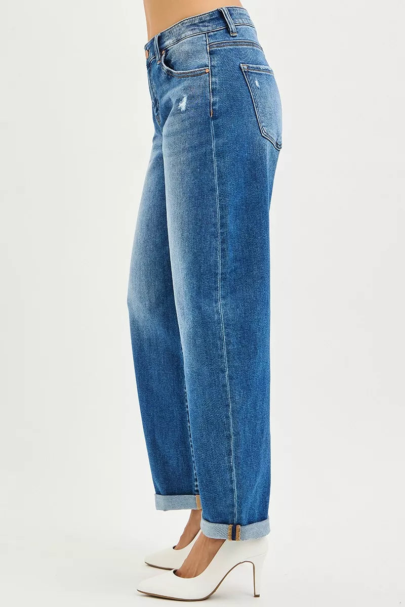 RISEN Full Size Mid Rise Barrel Double Roll Up Jeans Plus Size on Simply Obsessed