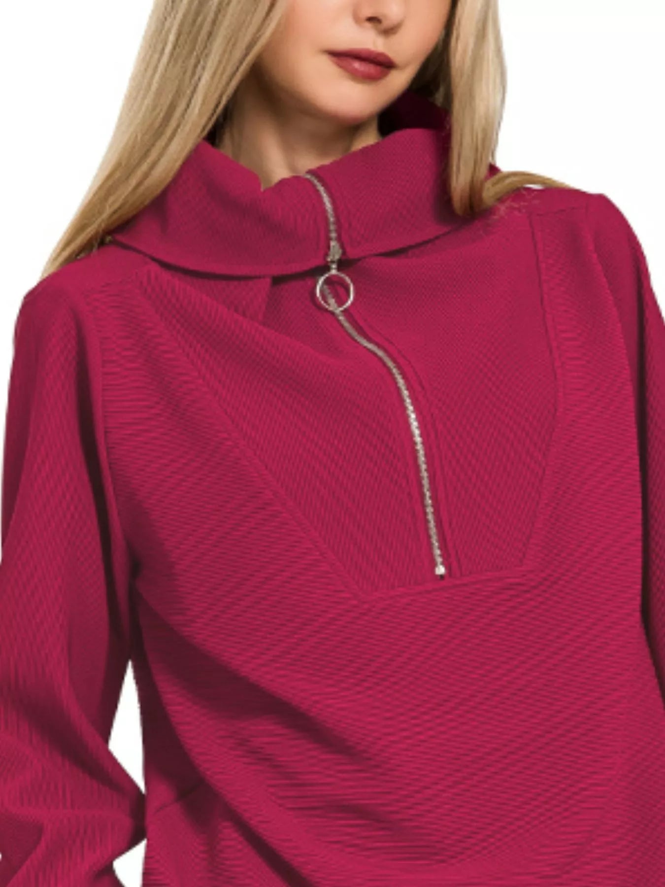 Zenana Ribbed High Neck Half Zip Pullover & Pants Set on Simply Obsessed