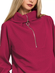 Zenana Ribbed High Neck Half Zip Pullover & Pants Set on Simply Obsessed