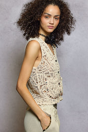 POL Button Down Cropped Crochet Vest with Scalloped Edge on Simply Obsessed
