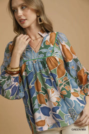 Umgee Multicolor Abstract Floral Print Blouse with Ruffle Neck on Simply Obsessed