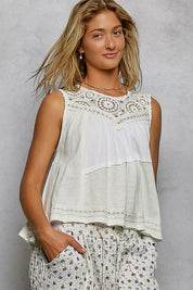 POL Round Neck Sleeveless Top with Crochet Contrast on Simply Obsessed