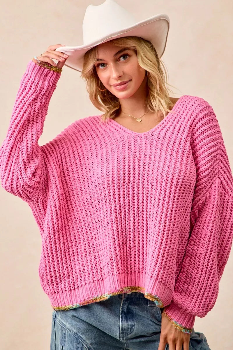 BiBi V-Neck Sweater with Colorful Trim on Simply Obsessed