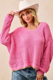 BiBi V-Neck Sweater with Colorful Trim on Simply Obsessed
