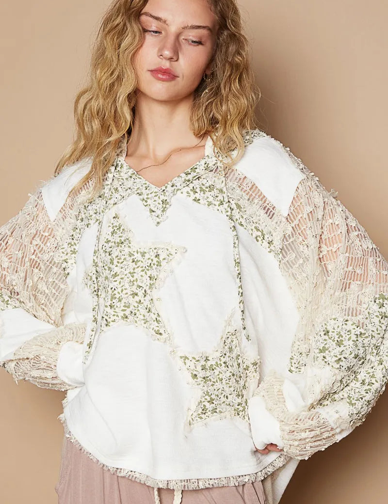 POL Star Patch Lace Contrast Long Sleeve Hooded Top on Simply Obsessed