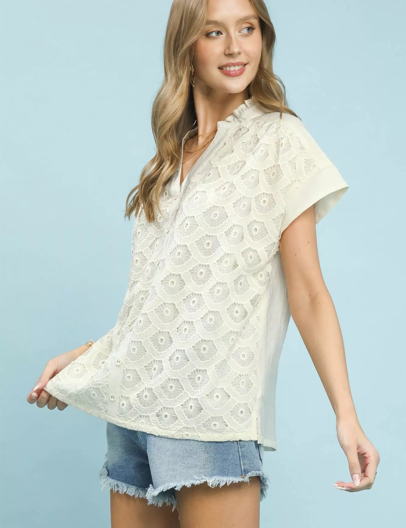 UMGEE Lace Button-Front Top on Simply Obsessed