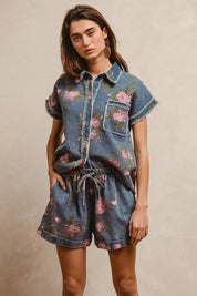 BiBi Floral Printed Denim Short Pants With Pocket on Simply Obsessed