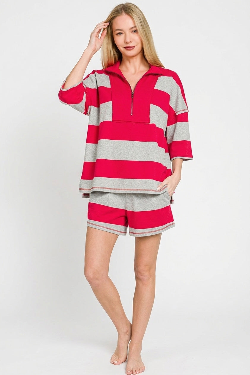 ZENANA Frenchterry Striped Half Zip Top & Shorts Set on Simply Obsessed