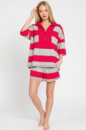 ZENANA Frenchterry Striped Half Zip Top & Shorts Set on Simply Obsessed