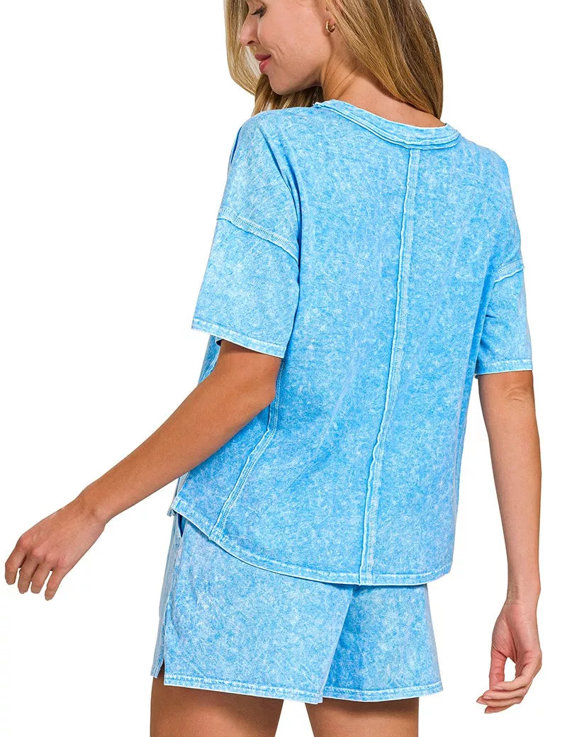 ZENANA Halo Snow Washed Short Sleeve Tee and Shorts Set on Simply Obsessed