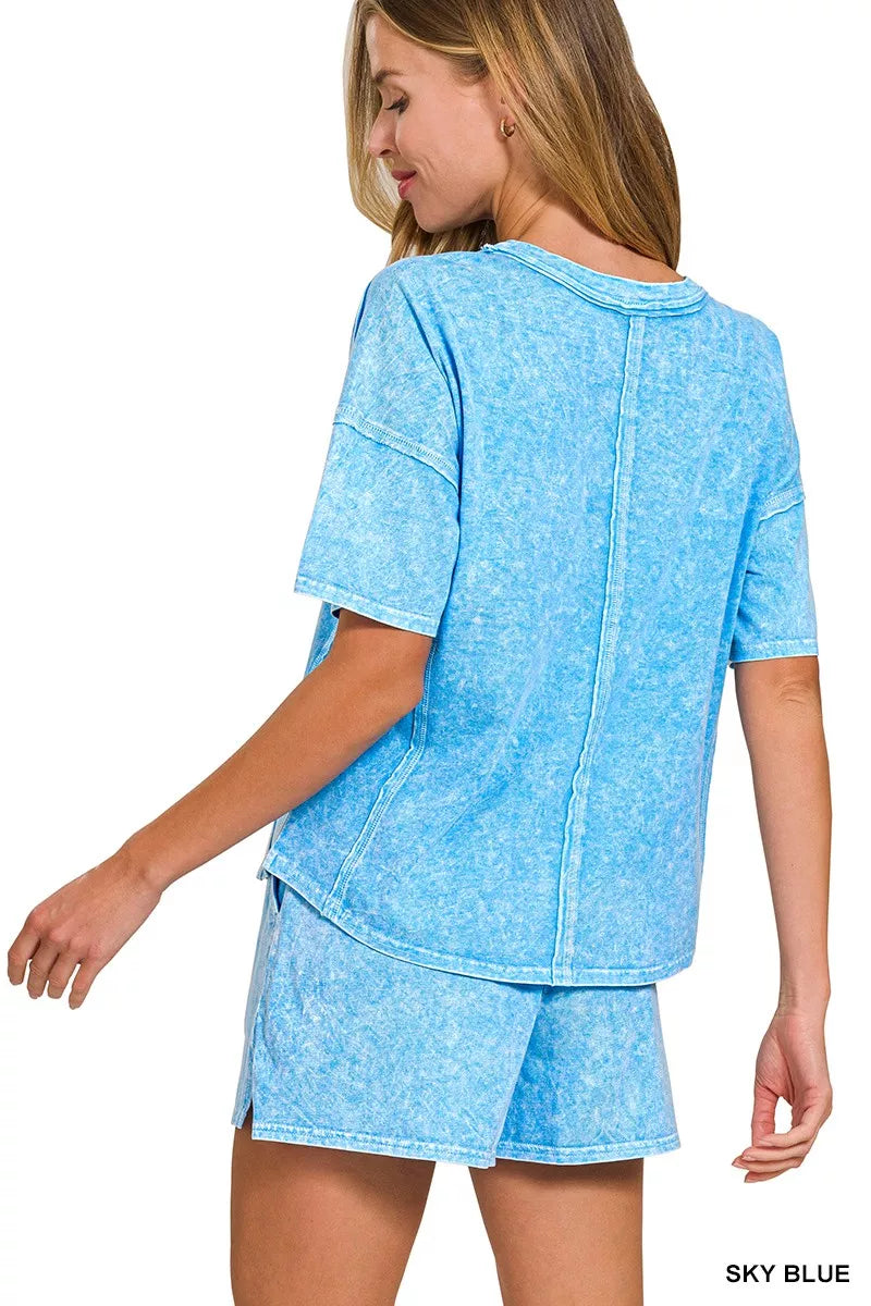 ZENANA Halo Snow Washed Short Sleeve Tee and Shorts Set on Simply Obsessed