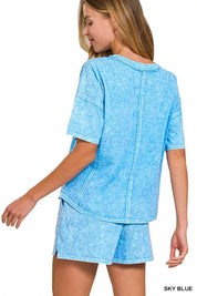 ZENANA Halo Snow Washed Short Sleeve Tee and Shorts Set on Simply Obsessed