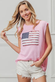 BIBI American Flag Sequin Patch Sleeveless Top - PINK on Simply Obsessed