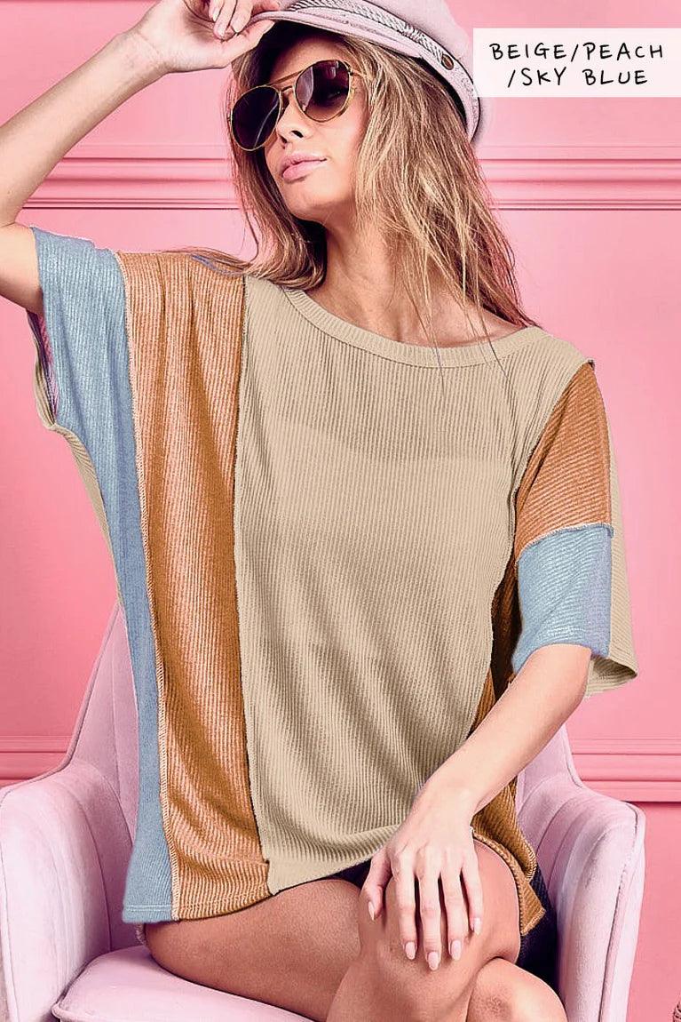 BIBI Bella Rid Color Block w/ Contrast Stitching Top - MULTI on Simply Obsessed