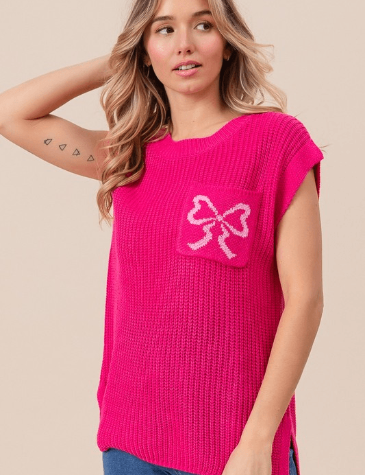 BIBI Bow Patch Pocket Sleeveless Sweater Top on Simply Obsessed