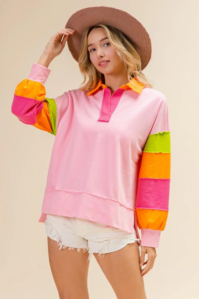 BIBI Colorblock Top w/ Cut Edge Detail - MULTI on Simply Obsessed