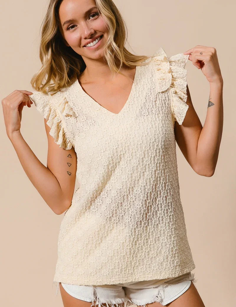 BIBI Floral Ruffled V-Neck Top - CREAM on Simply Obsessed